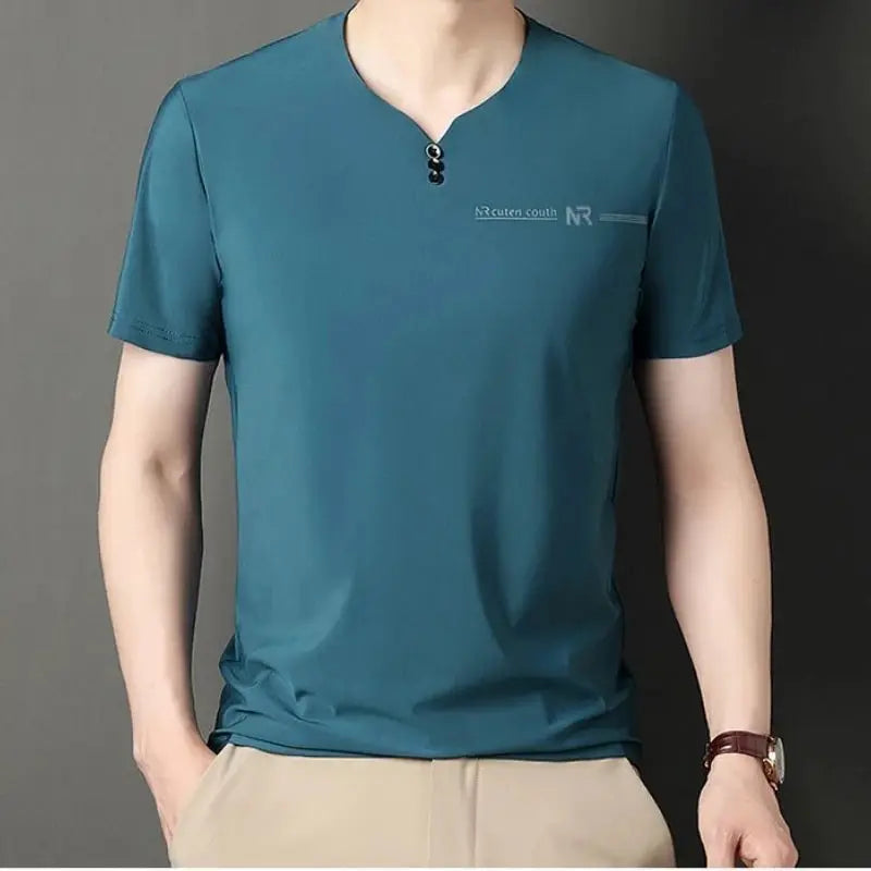 Luxurious Men V-neck T-shirts High end Mulberry Silk Men Short Sleeve Business Tops 2024 Summer Men Casual Tshirt Clothing by All Mart Bristol Ltd