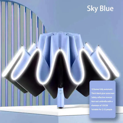 Umbrella Windproof Strong With Reflective Stripe Reverse Automatic Fold Umbrella UV Umbrella Insulation Portable Parasol by All Mart Bristol Ltd