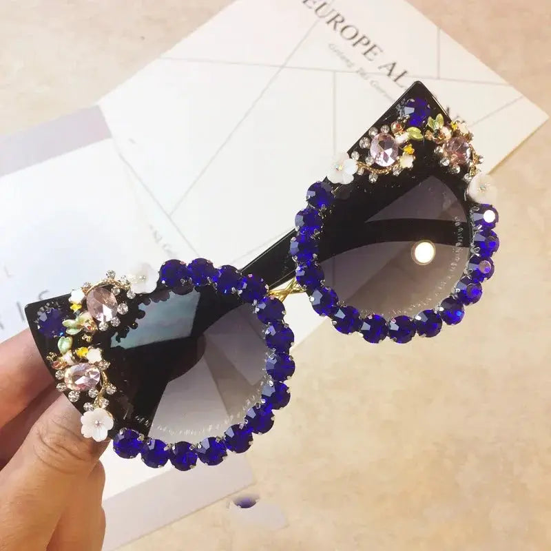 Brand Design Handmade Rhinestone Cat Eye Sunglasses Fashion Glasses Women Flower with Pearl Round Vintage Sunglasses Beach Party by All Mart Bristol Ltd