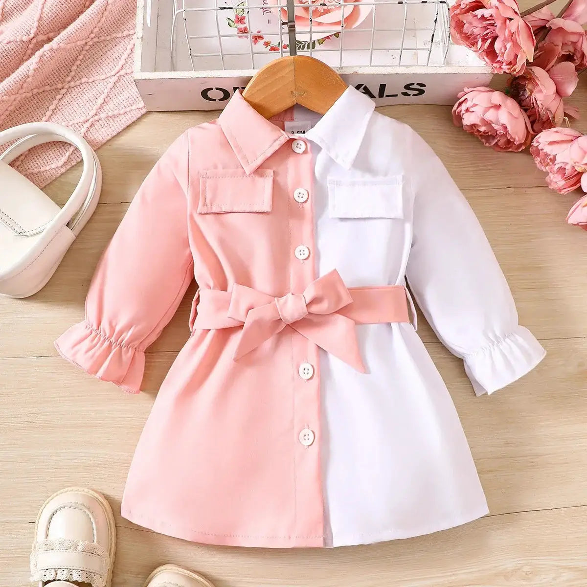 Prowow 3-24M Baby Girls Dresses Long Sleeve Pink White Patchwork Belted Dress For Girl Newborn Baby Clothes Infants by All Mart Bristol Ltd