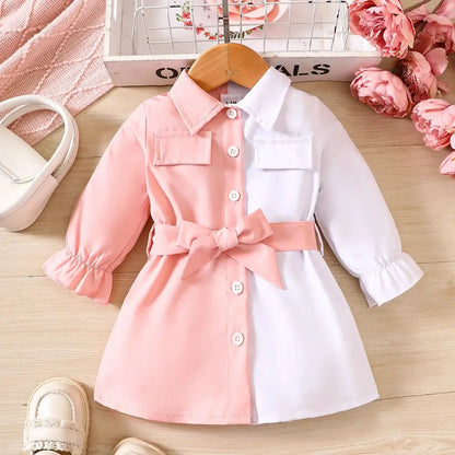 Prowow 3-24M Baby Girls Dresses Long Sleeve Pink White Patchwork Belted Dress For Girl Newborn Baby Clothes Infants by All Mart Bristol Ltd