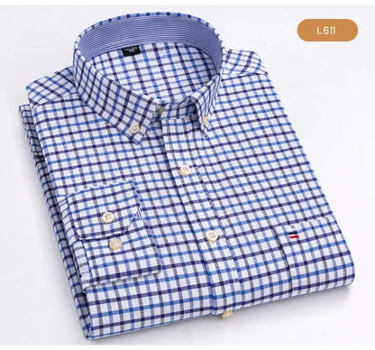 Men's Trendy Plaid Striped Lapel Collar Design Cotton Dress Shirts, Long Sleeve Casual Button Up Commuter Shirt For Spring/Fall by All Mart Bristol Ltd