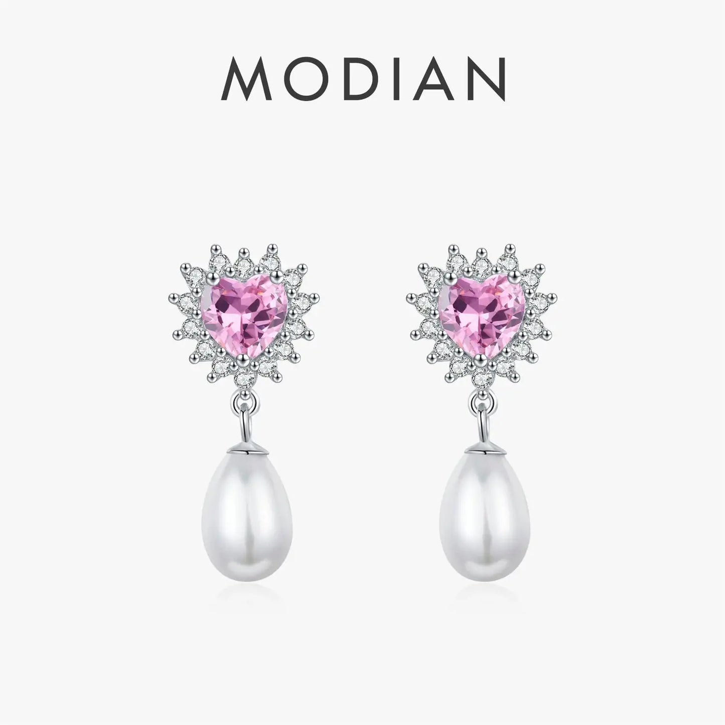 MODIAN 925 Sterling Silver Hearts Pink Zircon Romantic Dangle Earrings Elegant Shell Pearl Drop Earrings For Women Fine Jewelry by All Mart Bristol Ltd
