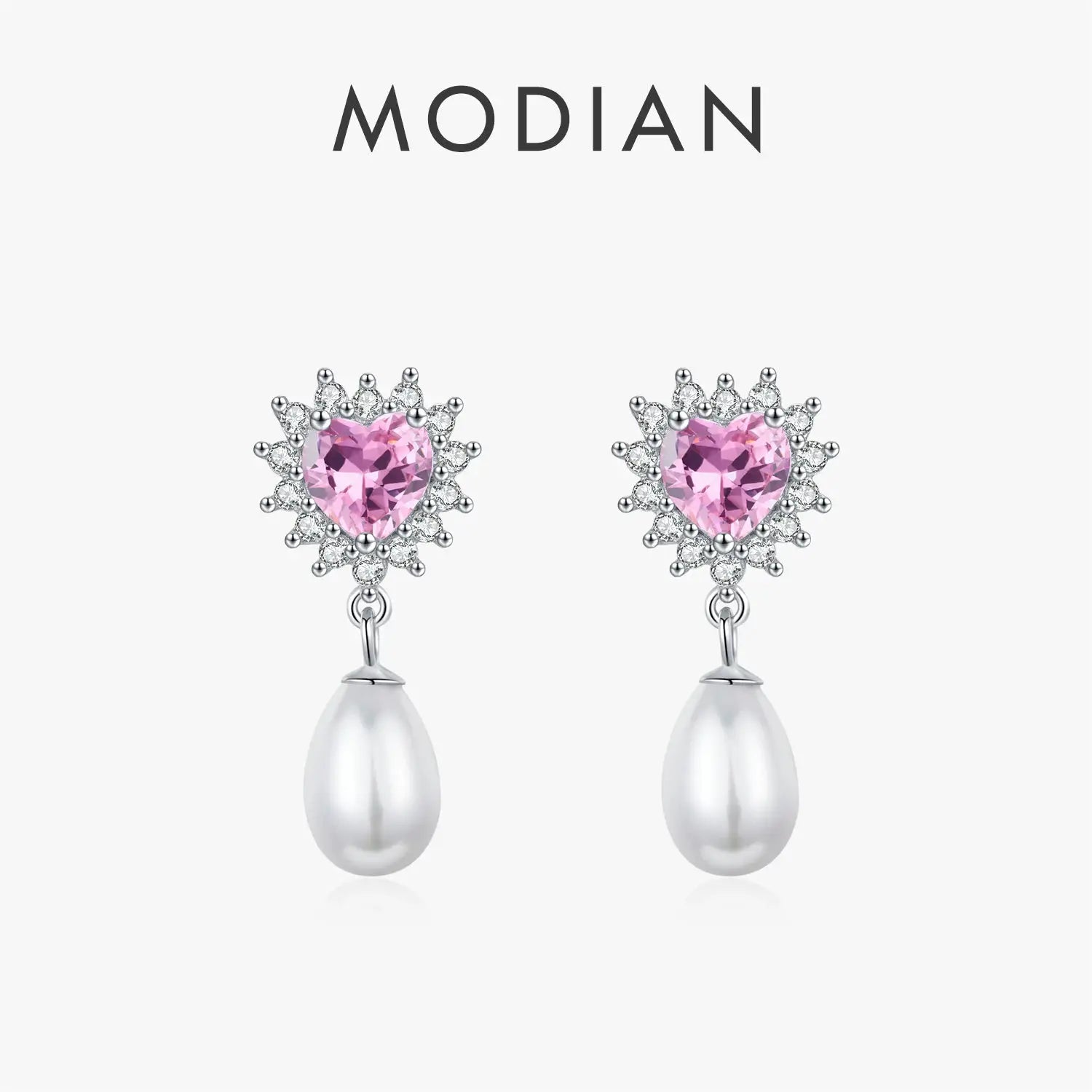 MODIAN 925 Sterling Silver Hearts Pink Zircon Romantic Dangle Earrings Elegant Shell Pearl Drop Earrings For Women Fine Jewelry by All Mart Bristol Ltd