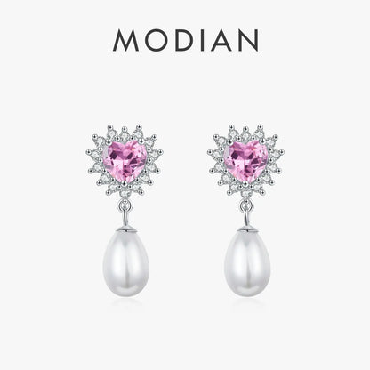 MODIAN 925 Sterling Silver Hearts Pink Zircon Romantic Dangle Earrings Elegant Shell Pearl Drop Earrings For Women Fine Jewelry by All Mart Bristol Ltd