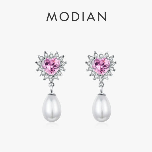 MODIAN 925 Sterling Silver Hearts Pink Zircon Romantic Dangle Earrings Elegant Shell Pearl Drop Earrings For Women Fine Jewelry by All Mart Bristol Ltd