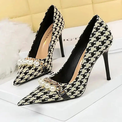 BIGTREE Shoes 2026 Spring Women Pumps Pearl Metal Chain High-heels Checked Grain Stilettos Women Heels Luxury Banquet Shoes 43 by All Mart Bristol Ltd