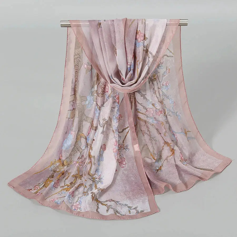 Plum Blossom Pattern Simulation Silk Scarf Women's Chiffon Scarf Long Gauze Scarf Sunscreen Shoulder Bag Headscarf by All Mart Bristol Ltd