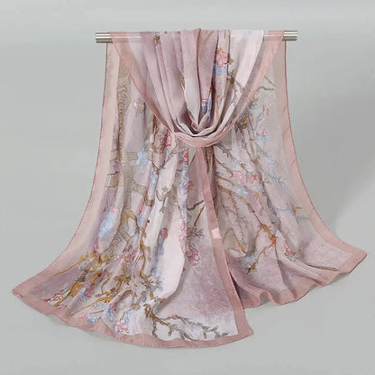 Plum Blossom Pattern Simulation Silk Scarf Women's Chiffon Scarf Long Gauze Scarf Sunscreen Shoulder Bag Headscarf by All Mart Bristol Ltd