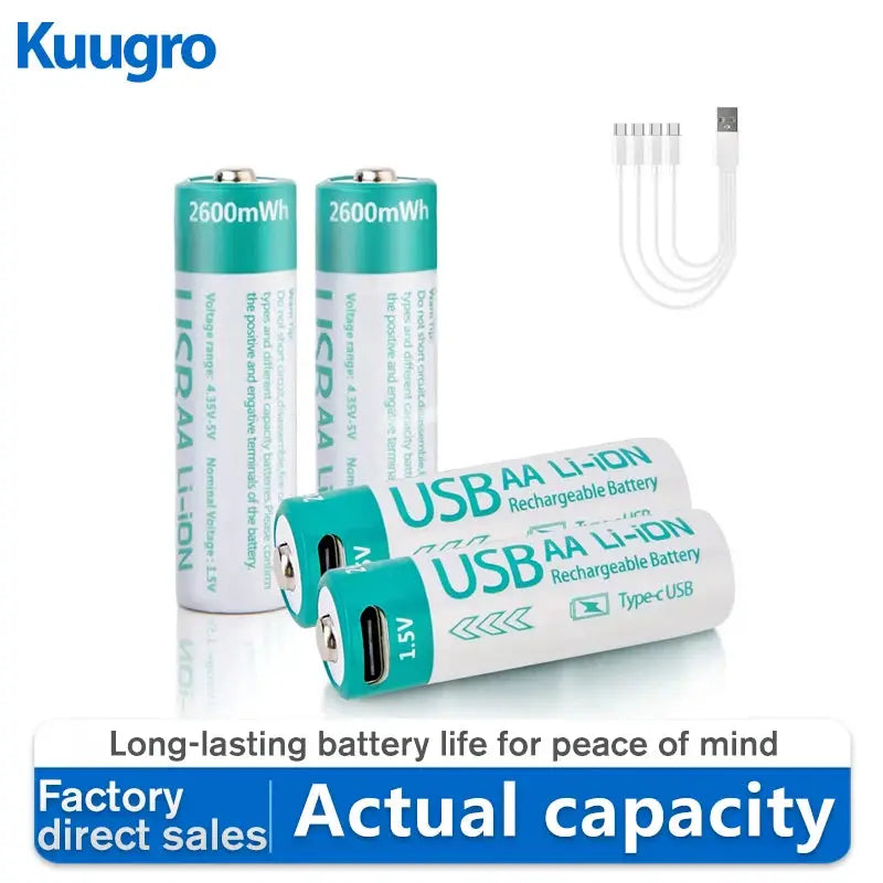 kuugro USB 1.5V 2600mWh AA Rechargeable Battery Type-C Rechargeable aa Lithium Battery for Remote Control Electric Toys Mouse by All Mart Bristol Ltd