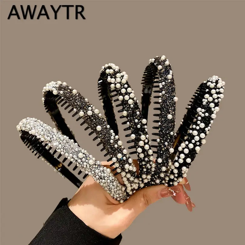 AWAYTR Women Pearl Rhinestones Antislip Hairband For With Teeth Hair Band Headband Hair Hoop Bezel Fashion Hair Accessories by All Mart Bristol Ltd
