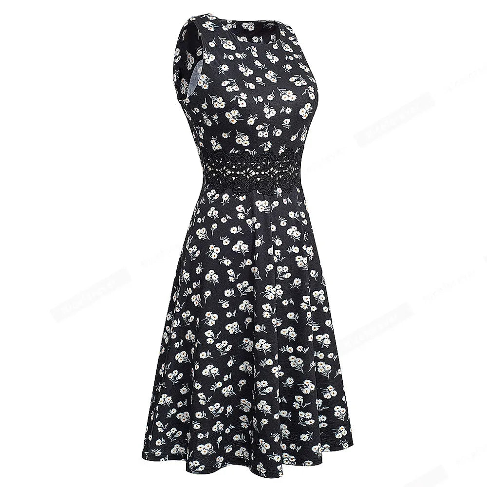 Women Vintage Casual Round Neck A line Summer Elegant Floral Lace Patchwork Sleeveless Tunic Party Swing Dress HA079 by All Mart Bristol Ltd