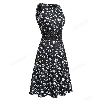 Women Vintage Casual Round Neck A line Summer Elegant Floral Lace Patchwork Sleeveless Tunic Party Swing Dress HA079 by All Mart Bristol Ltd