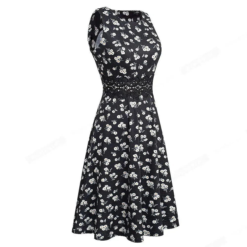 Women Vintage Casual Round Neck A line Summer Elegant Floral Lace Patchwork Sleeveless Tunic Party Swing Dress HA079 by All Mart Bristol Ltd