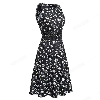 Women Vintage Casual Round Neck A line Summer Elegant Floral Lace Patchwork Sleeveless Tunic Party Swing Dress HA079 by All Mart Bristol Ltd
