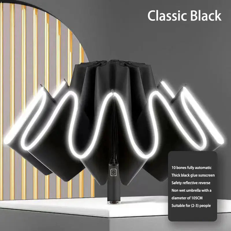 Umbrella Windproof Strong With Reflective Stripe Reverse Automatic Fold Umbrella UV Umbrella Insulation Portable Parasol by All Mart Bristol Ltd
