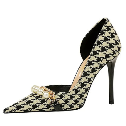 BIGTREE Shoes 2026 Spring Women Pumps Pearl Metal Chain High-heels Checked Grain Stilettos Women Heels Luxury Banquet Shoes 43 by All Mart Bristol Ltd