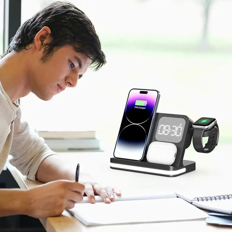 Four in one desktop clock wireless charger that can charge phones, headphones, and watches simultaneously by All Mart Bristol Ltd
