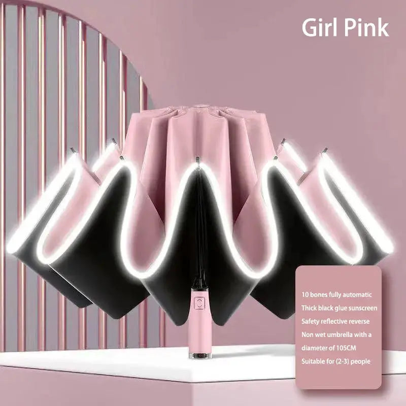 Umbrella Windproof Strong With Reflective Stripe Reverse Automatic Fold Umbrella UV Umbrella Insulation Portable Parasol by All Mart Bristol Ltd