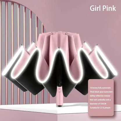Umbrella Windproof Strong With Reflective Stripe Reverse Automatic Fold Umbrella UV Umbrella Insulation Portable Parasol by All Mart Bristol Ltd