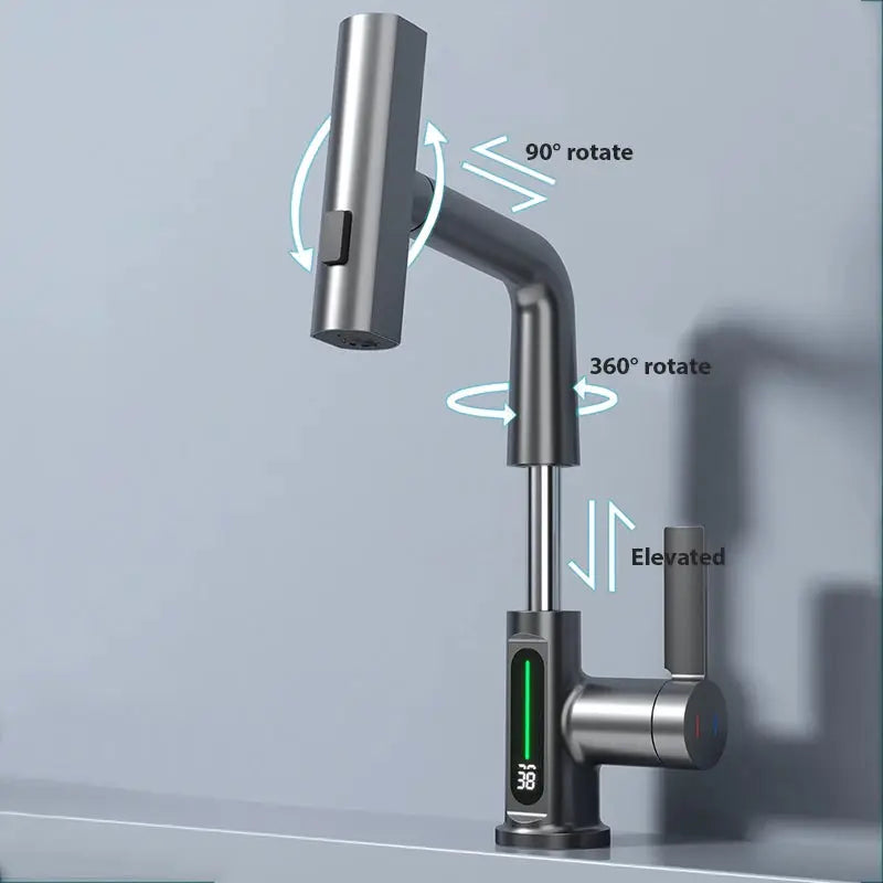 Waterfall Temperature Digital Display Basin Faucet Lift Up Down Stream Sprayer Hot Cold Water Sink Mixer Wash Tap For Bathroom by All Mart Bristol Ltd