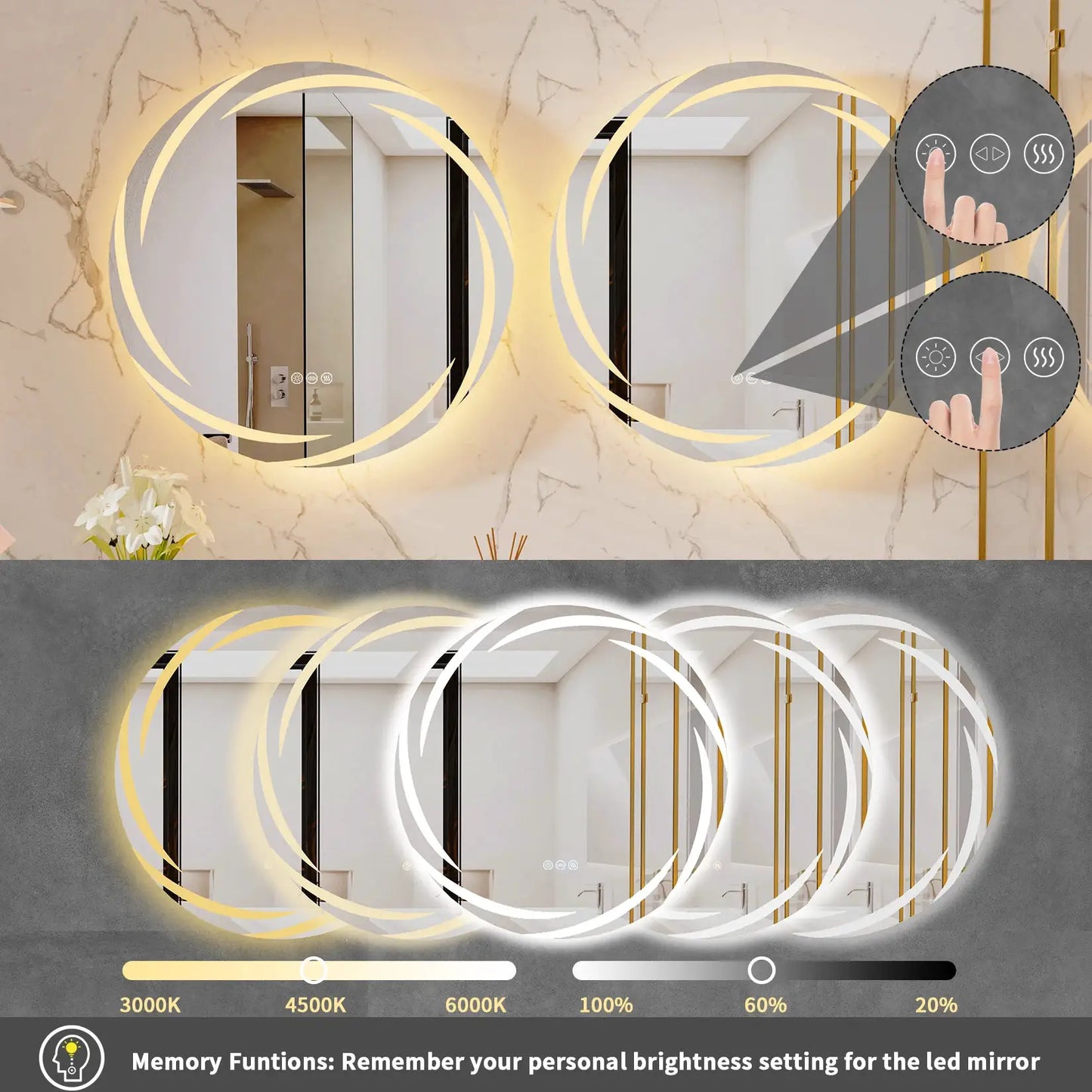 Anti-fog LED Bathroom Mirror Circle Backlit HD Wall Mounted Vanity Mirror Shatterproof 3 Colors Lights Adjust by All Mart Bristol Ltd