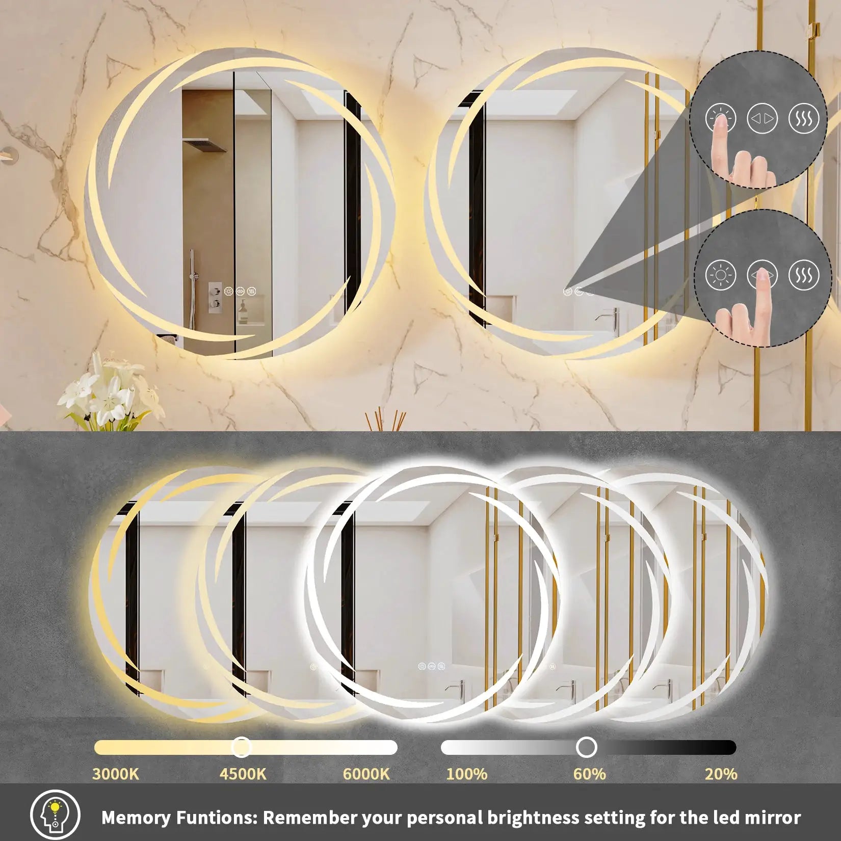 Anti-fog LED Bathroom Mirror Circle Backlit HD Wall Mounted Vanity Mirror Shatterproof 3 Colors Lights Adjust by All Mart Bristol Ltd