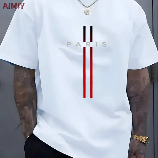 Summer Men's T-shirt Top Casual Loose Fit Oversized T-shirt PARI Letter Pattern Printed Round Neck Short Sleeved Homme Vêtement by All Mart Bristol Ltd