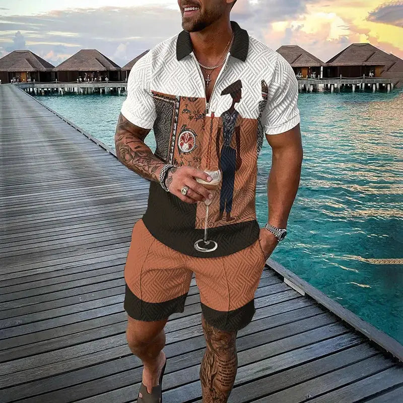 Vintage Men's Suit Zipper Polo Shirt Shorts Pants 2 Piece Set Coconut Tree Animal 3D Print Casual Men Tracksuit Ropa Barata by All Mart Bristol Ltd