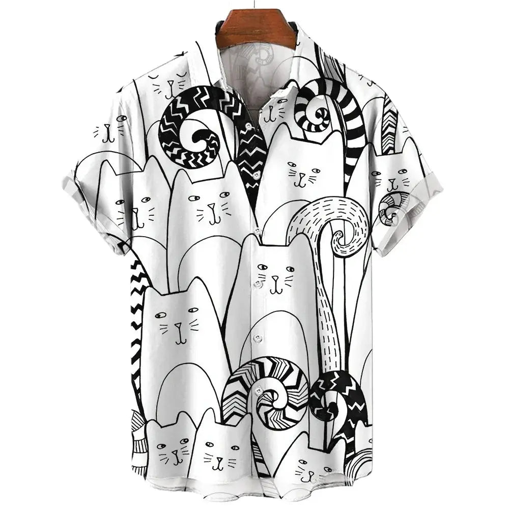 Men's Short Sleeve Shirt Fashion Cartoon Line Cat Pattern Print Top Women's Casual Button Shirt Top by All Mart Bristol Ltd