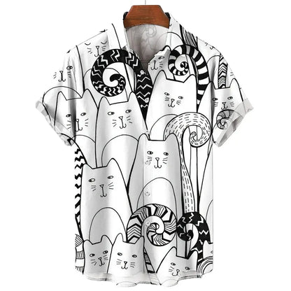 Men's Short Sleeve Shirt Fashion Cartoon Line Cat Pattern Print Top Women's Casual Button Shirt Top by All Mart Bristol Ltd