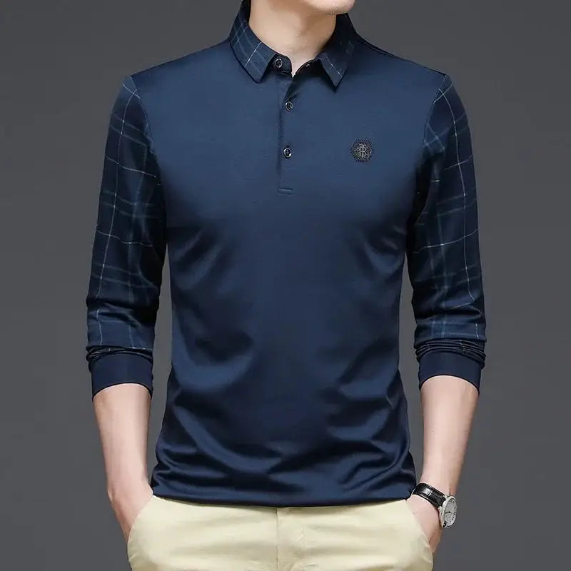BROWON Long Sleeve T Shirt Men Spring and Autumn Business Casual Slim Turn-down Collar Geometric Pattern Tshirt Men Clothing by All Mart Bristol Ltd