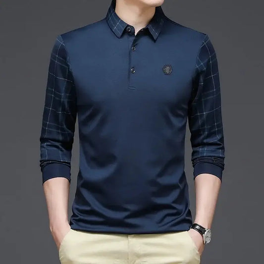 BROWON Long Sleeve T Shirt Men Spring and Autumn Business Casual Slim Turn-down Collar Geometric Pattern Tshirt Men Clothing by All Mart Bristol Ltd