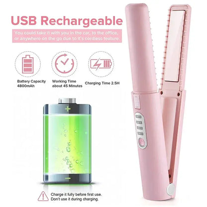 2-IN-1 Cordless Electric Heating Hair Straightener Rechargeable Travel Double Use Straight Hair Straightener And Curling Iron by All Mart Bristol Ltd