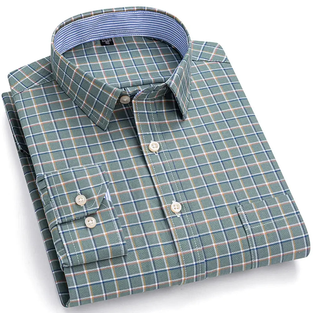 Men's Trendy Plaid Striped Lapel Collar Design Cotton Dress Shirts, Long Sleeve Casual Button Up Commuter Shirt For Spring/Fall by All Mart Bristol Ltd