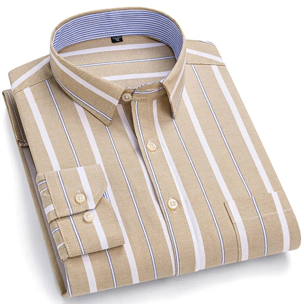 Men's Trendy Plaid Striped Lapel Collar Design Cotton Dress Shirts, Long Sleeve Casual Button Up Commuter Shirt For Spring/Fall by All Mart Bristol Ltd