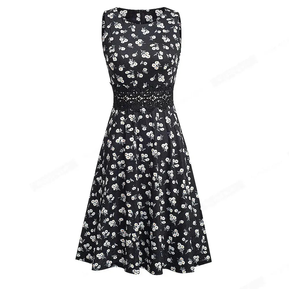Women Vintage Casual Round Neck A line Summer Elegant Floral Lace Patchwork Sleeveless Tunic Party Swing Dress HA079 by All Mart Bristol Ltd