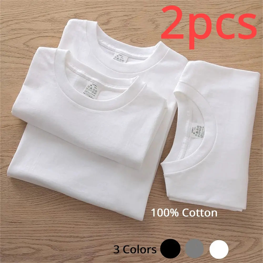 2PCS 100% Cotton Solid T Shirts Men's and Women's Short Sleeve White Tees Casual Breathable Loose Round Neck T-shirt Couple Tops by All Mart Bristol Ltd