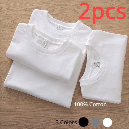 2PCS 100% Cotton Solid T Shirts Men's and Women's Short Sleeve White Tees Casual Breathable Loose Round Neck T-shirt Couple Tops by All Mart Bristol Ltd