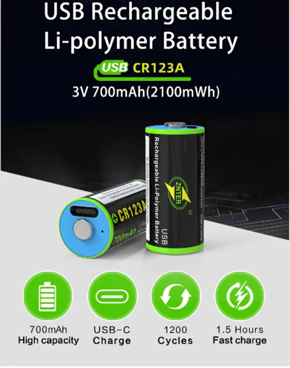 2pcs/lot ZNTER 3.0V CR123A rechargeable battery 700mAh USB rechargeable lithium battery for rangefinder camera lithium battery by All Mart Bristol Ltd