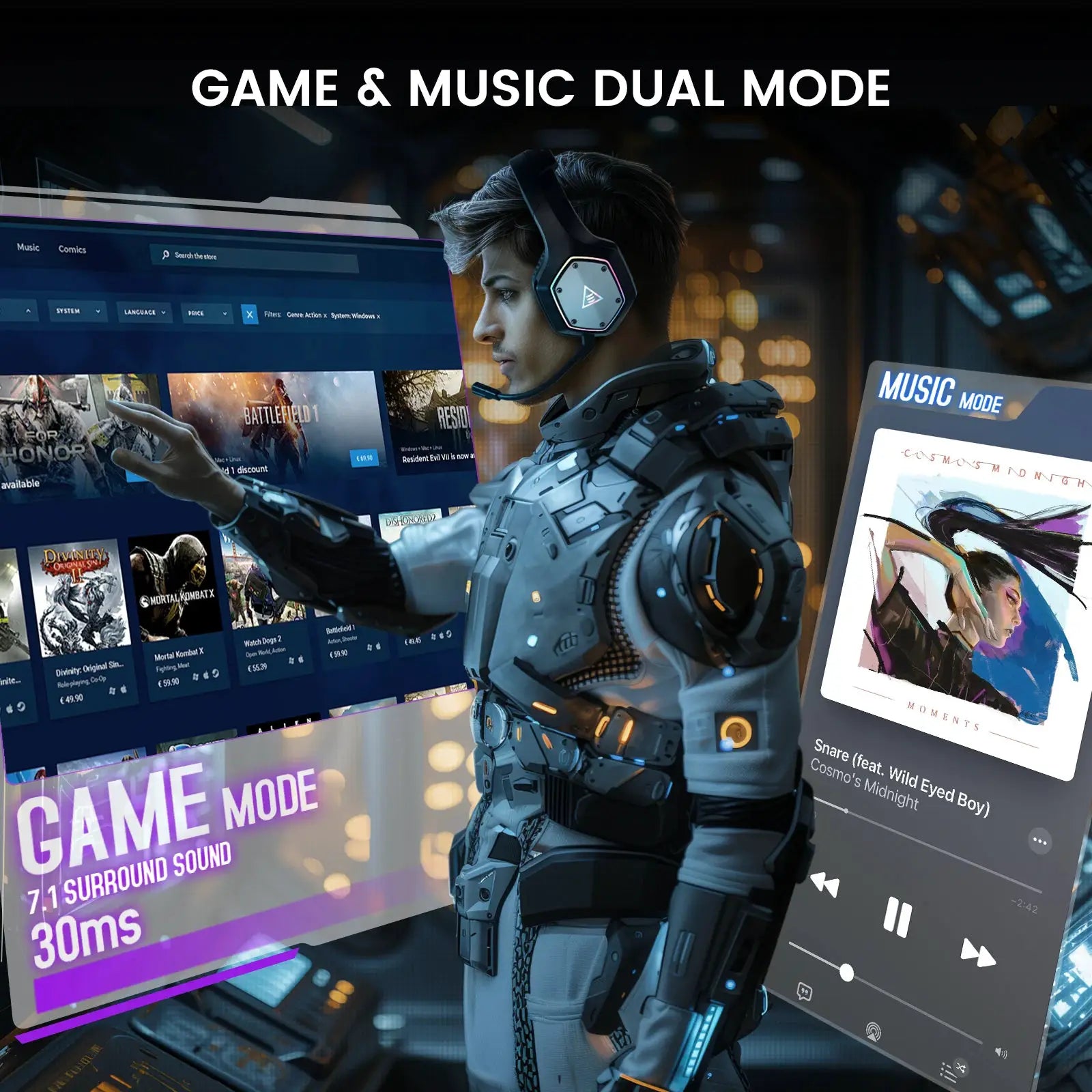 EKSA 2.4GHz Wireless Headphones E1000 WT 7.1 Surround Wired Gaming Headset Gamer with ENC Mic Low Latency for PC/PS4/PS5/Xbox by All Mart Bristol Ltd