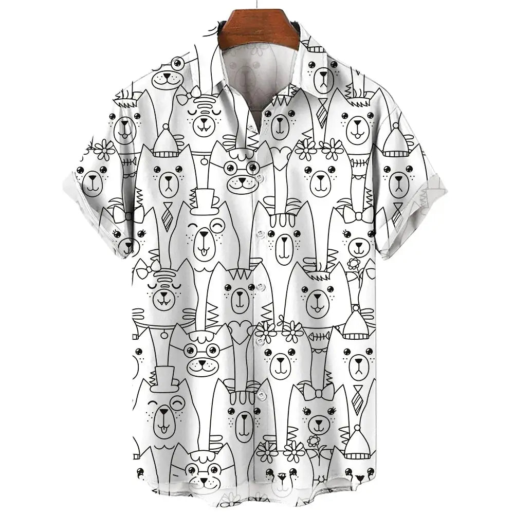 Men's Short Sleeve Shirt Fashion Cartoon Line Cat Pattern Print Top Women's Casual Button Shirt Top by All Mart Bristol Ltd