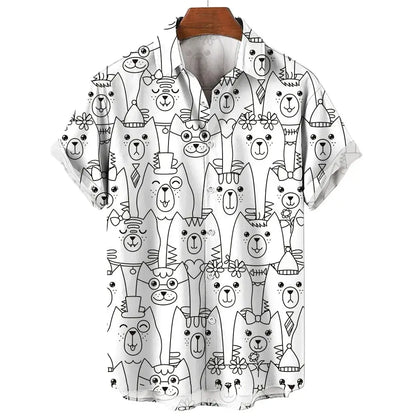 Men's Short Sleeve Shirt Fashion Cartoon Line Cat Pattern Print Top Women's Casual Button Shirt Top by All Mart Bristol Ltd