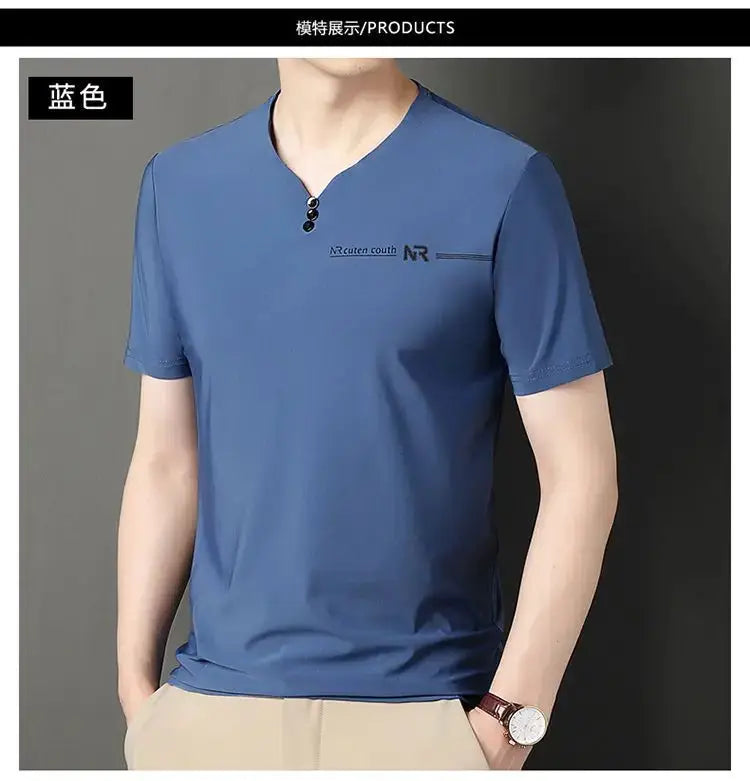 Luxurious Men V-neck T-shirts High end Mulberry Silk Men Short Sleeve Business Tops 2024 Summer Men Casual Tshirt Clothing by All Mart Bristol Ltd