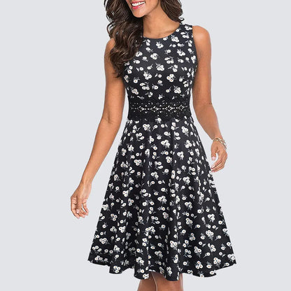 Women Vintage Casual Round Neck A line Summer Elegant Floral Lace Patchwork Sleeveless Tunic Party Swing Dress HA079 by All Mart Bristol Ltd