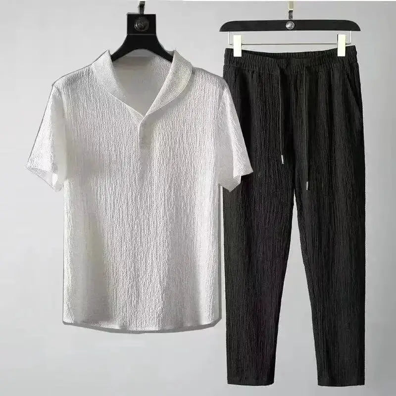 Summer Ultra-thin Five-piece Ice Silk Linen Suit Men's Cotton Linen 2-piece Set Loose-fit Mid-sleeve T-shirt Sports Wear by All Mart Bristol Ltd