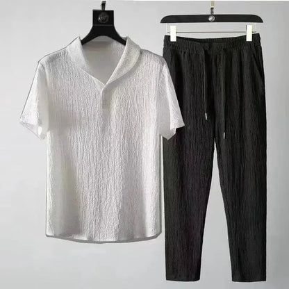 Summer Ultra-thin Five-piece Ice Silk Linen Suit Men's Cotton Linen 2-piece Set Loose-fit Mid-sleeve T-shirt Sports Wear by All Mart Bristol Ltd