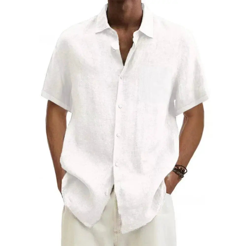 Summer Hot Sale Men's Cotton Linen Short-Sleeved Shirts Men Solid Color Turn-down Collar Casual Beach Style Plus Size Tops by All Mart Bristol Ltd