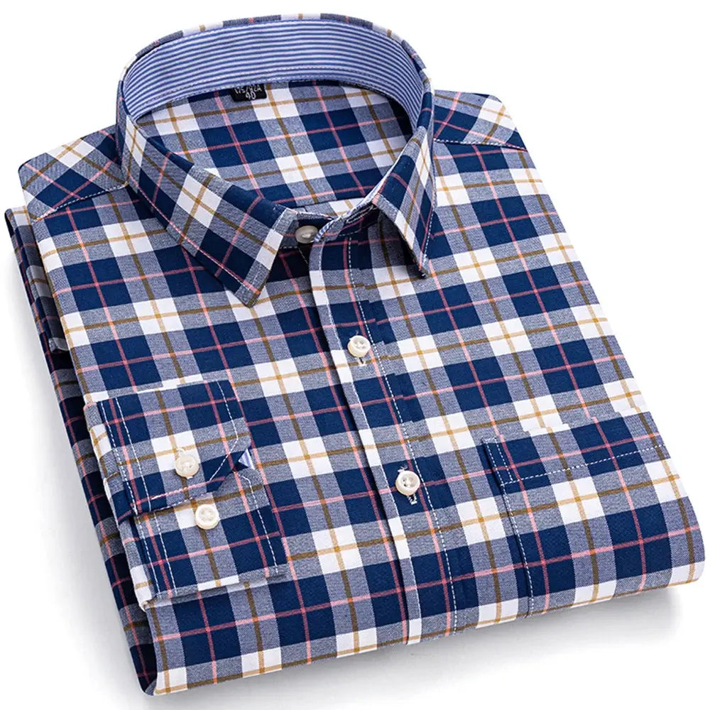 Men's Trendy Plaid Striped Lapel Collar Design Cotton Dress Shirts, Long Sleeve Casual Button Up Commuter Shirt For Spring/Fall by All Mart Bristol Ltd