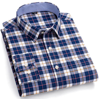 Men's Trendy Plaid Striped Lapel Collar Design Cotton Dress Shirts, Long Sleeve Casual Button Up Commuter Shirt For Spring/Fall by All Mart Bristol Ltd